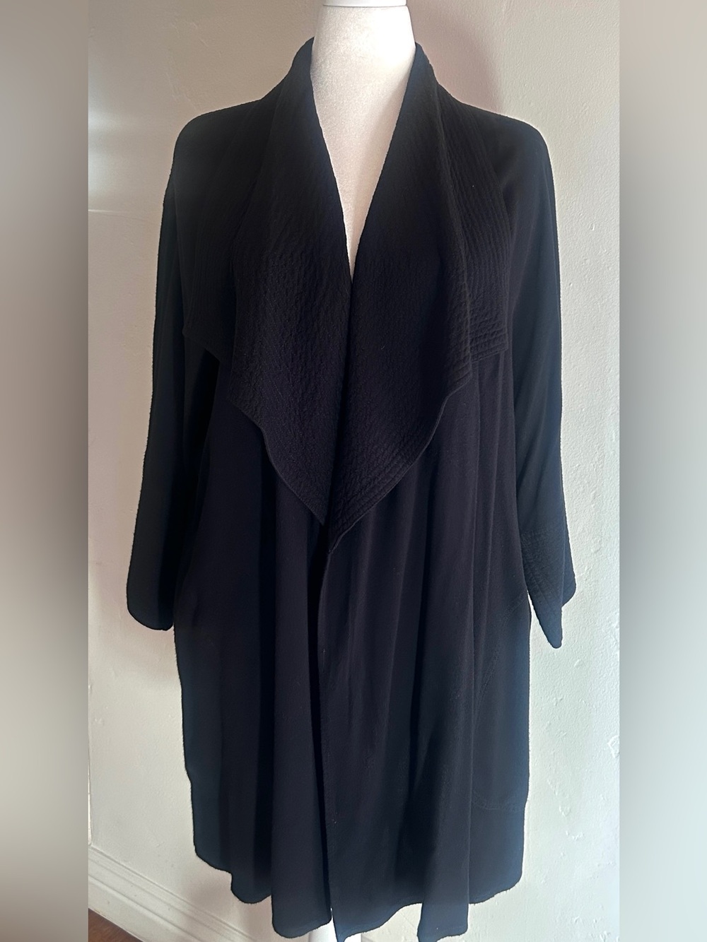 Oversized Black Waterfall Collar Duster Cardigan with Pockets Plus 1X/2X